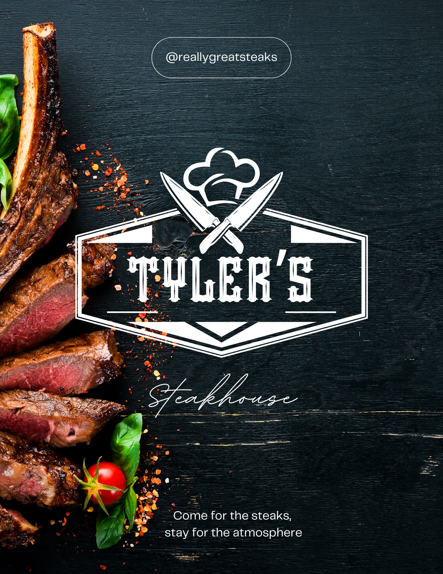 THIER’S steakhouse logo on dark wood, with crossed utensils and grilled meat on the left