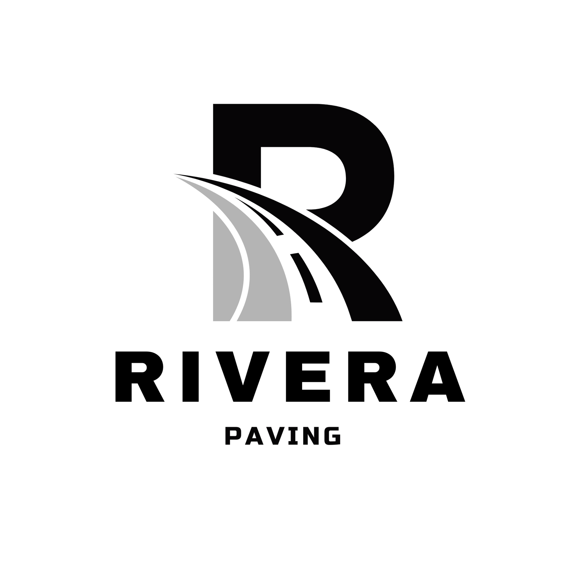 Rivera Paving logo with stylized black R and gray road swoosh on white background
