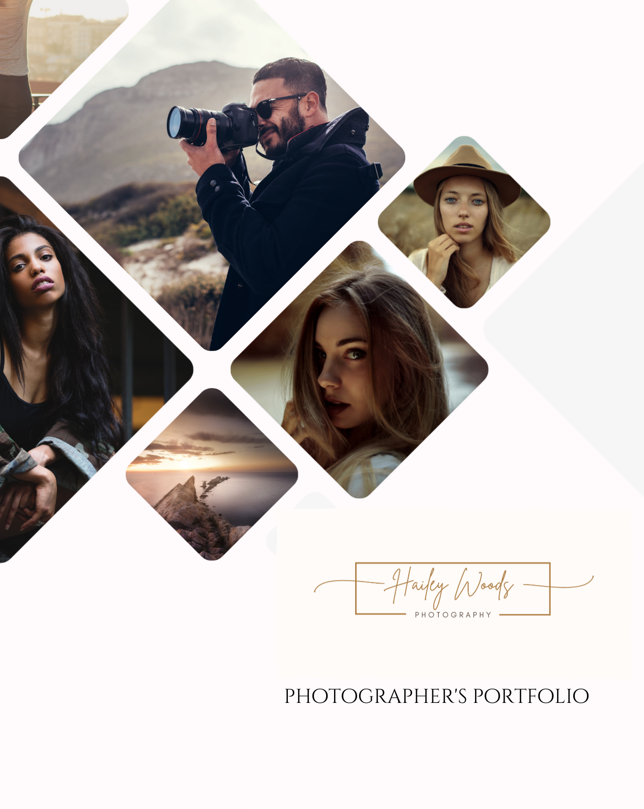 Collage of portrait and travel photos with gold title text on a white background