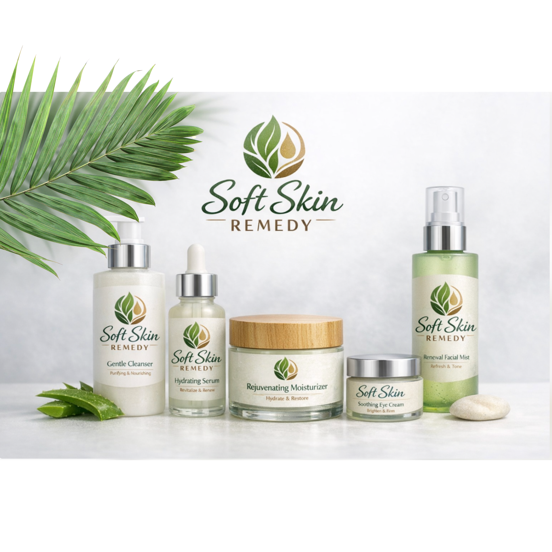 Soft Skin Remedy skincare products displayed on a white background with green leaves and stones