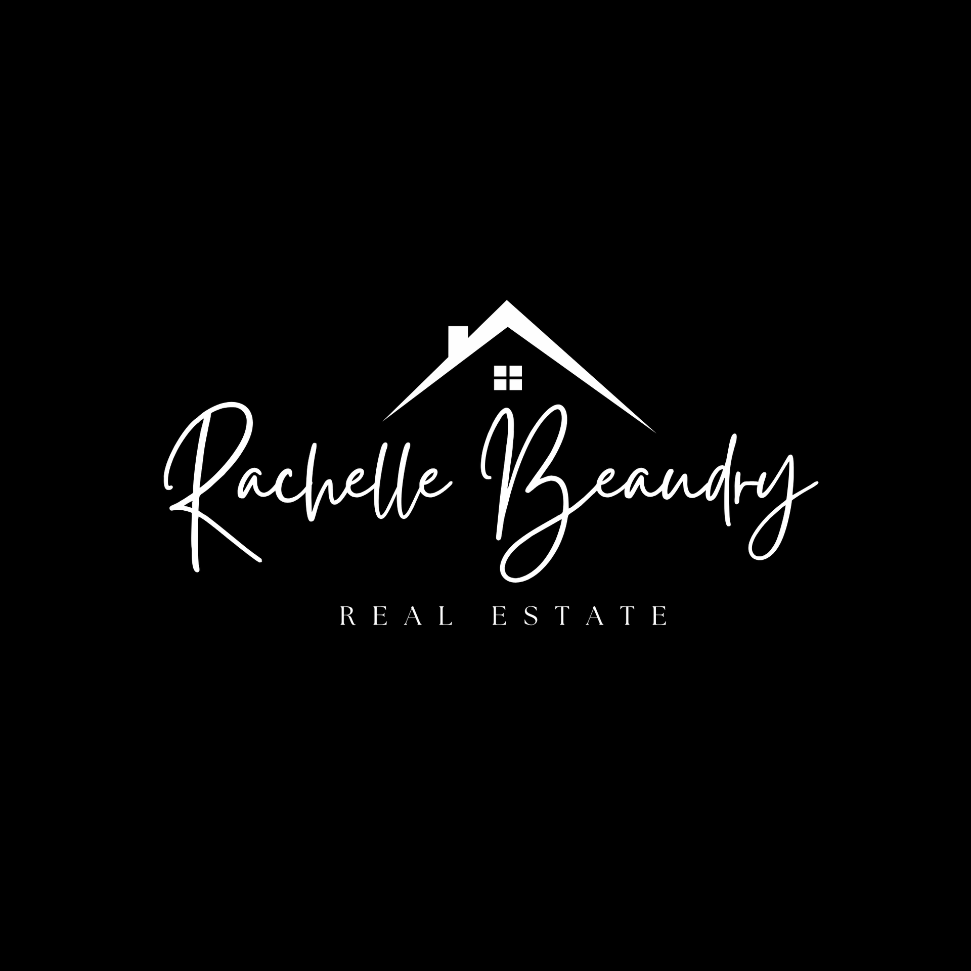 Black logo for Rachelle Beaudry Real Estate with a white house roof icon on a black background