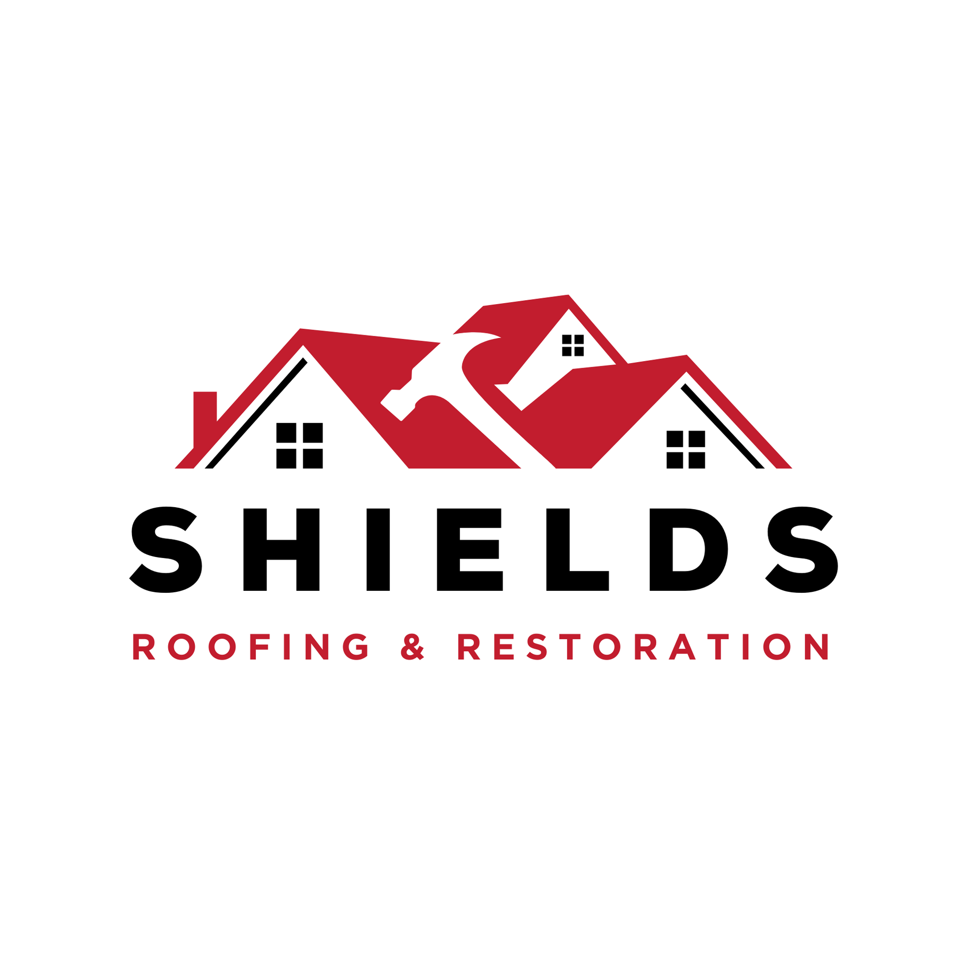 Shields Roofing & Restoration logo with red roof icon and black text on white background