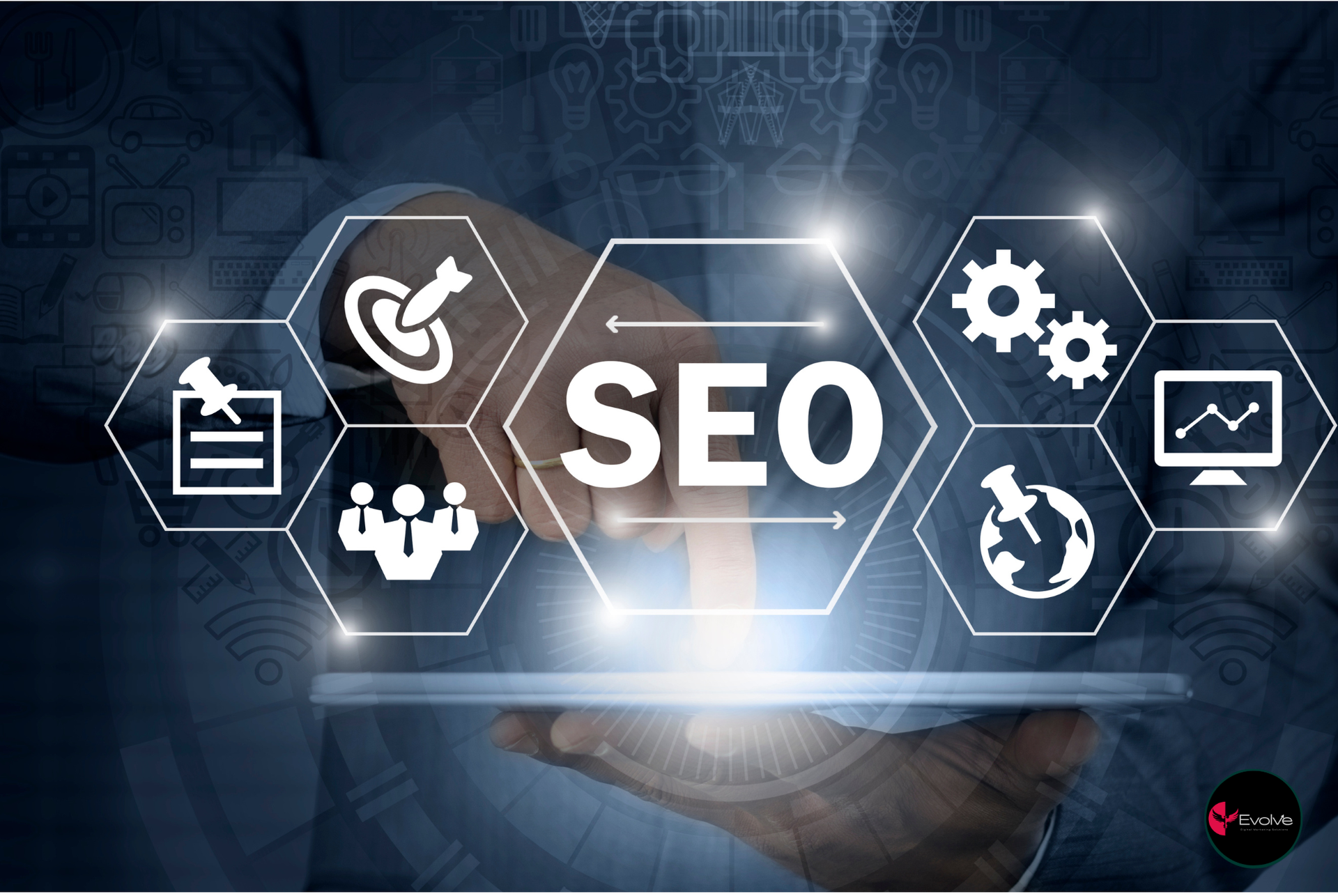 Hands holding a glowing SEO interface with icons for search, analytics, and settings.