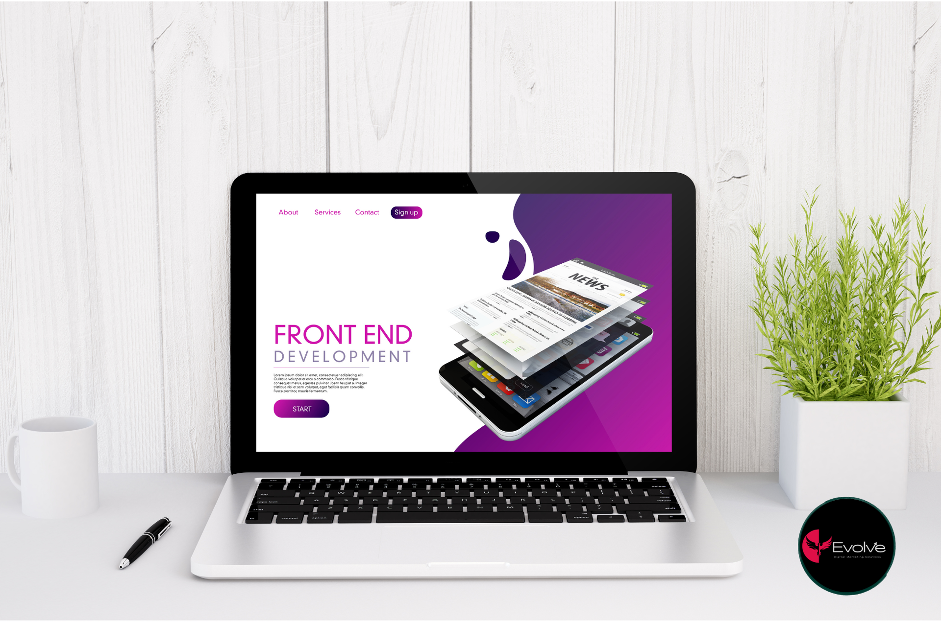 Laptop on white desk showing a front-end design webpage with purple accents and a 3D website mockup