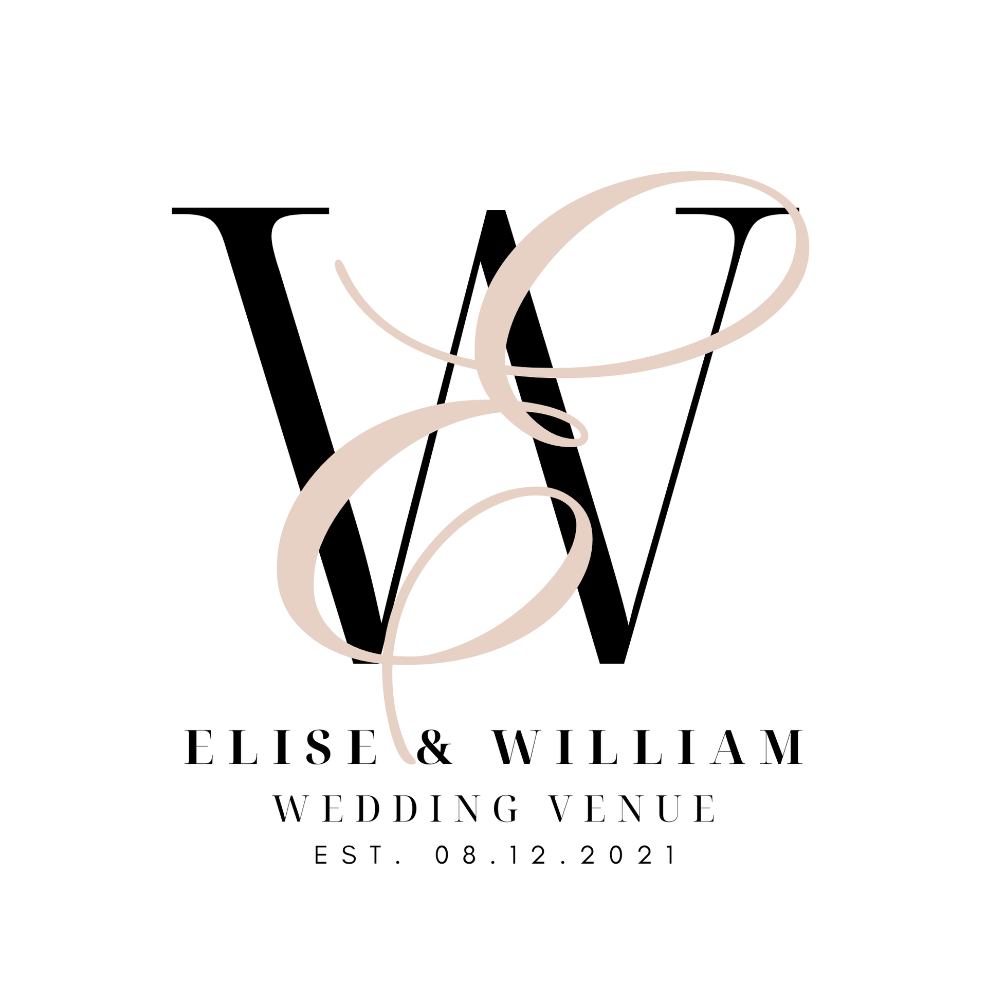 L and W wedding venue logo in black and blush script with “ELISE & WILLIAM” text and est. 12.2021