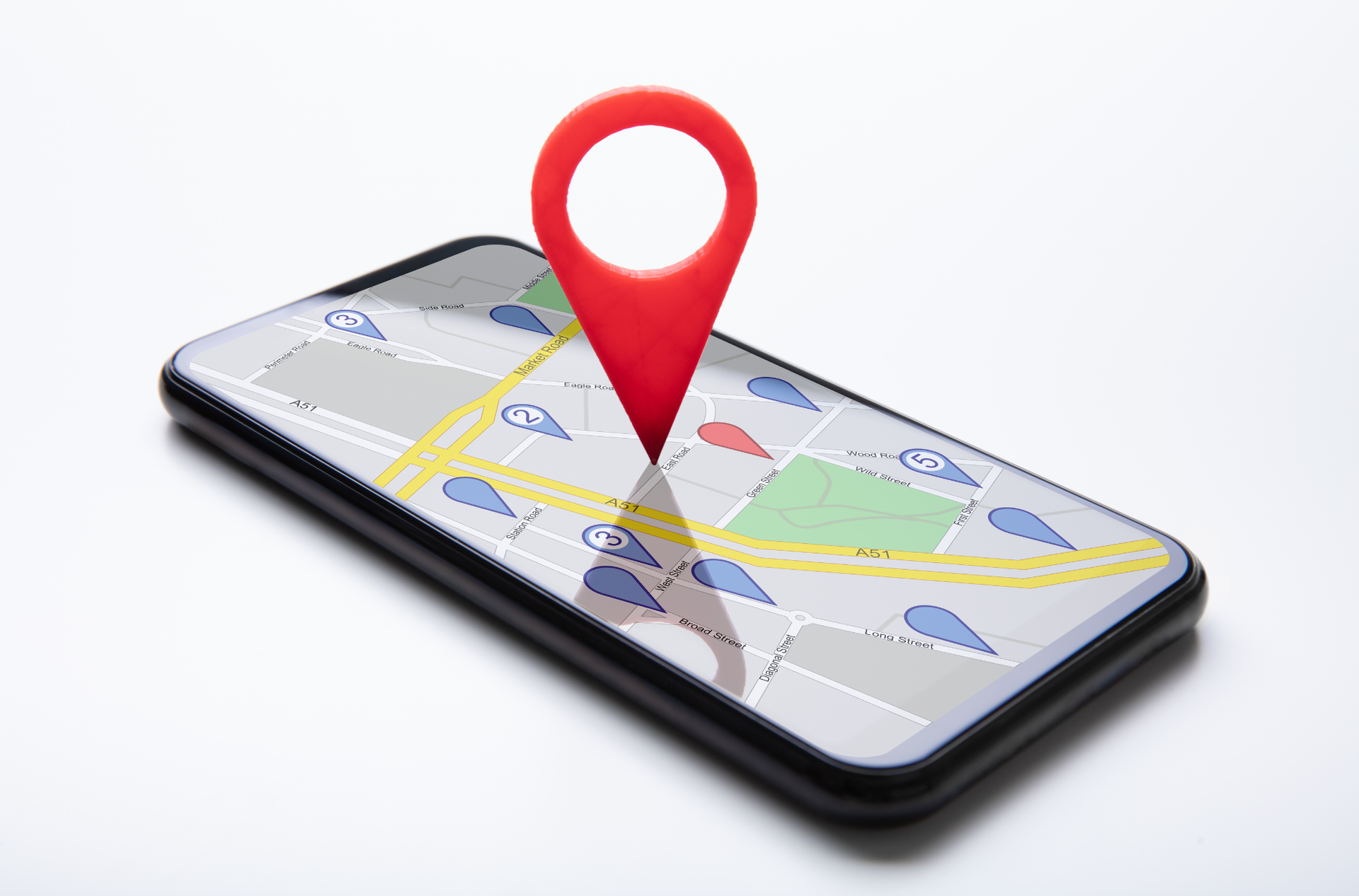 Red location pin on a smartphone map screen