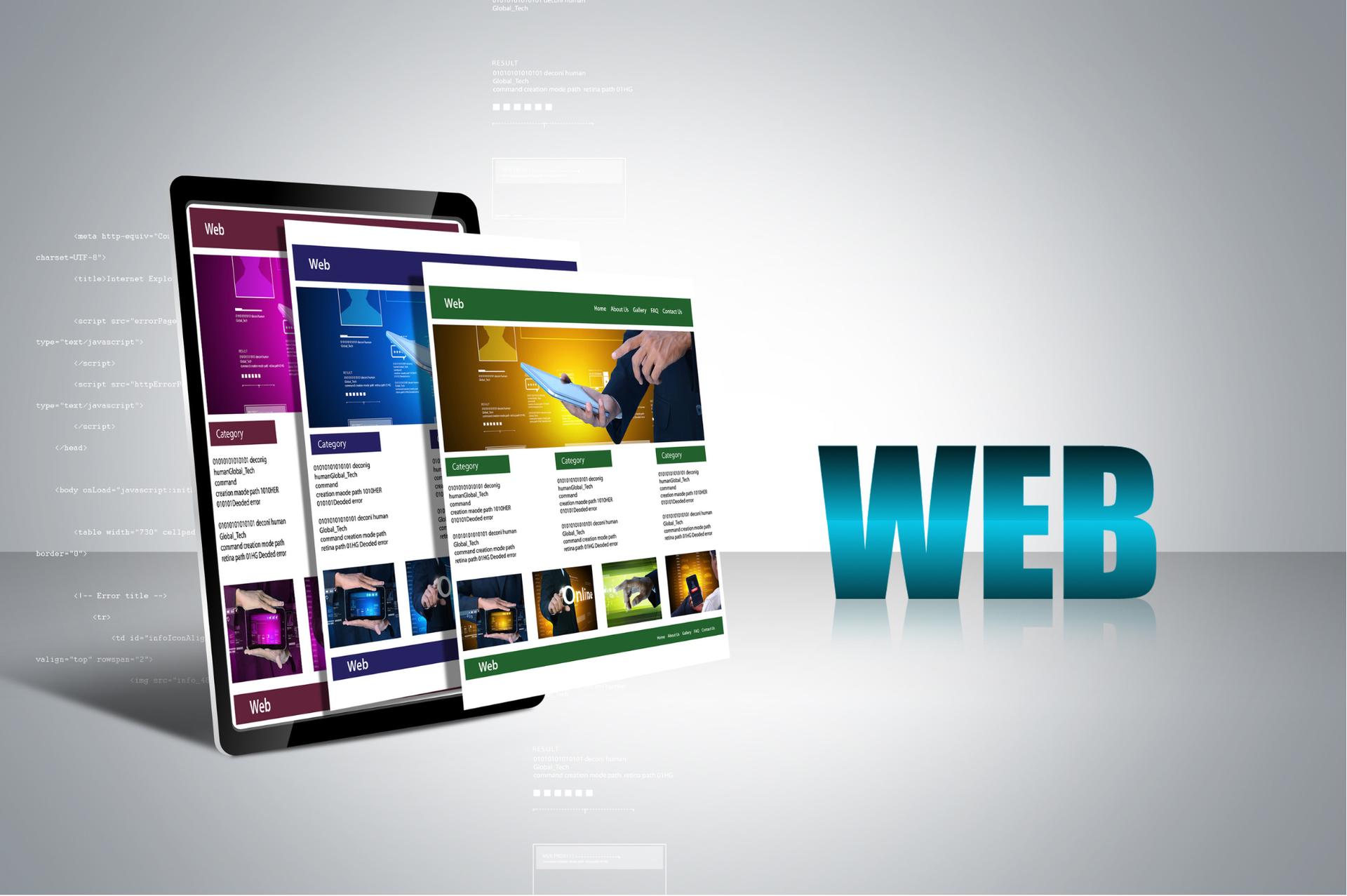 Stylized web design graphic with layered website mockups and large blue “WEB” text on a gray background