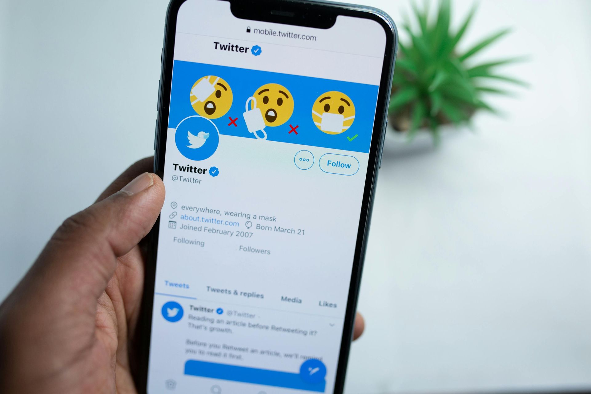 Hand holding a smartphone displaying a Twitter profile with blue header and emoji banner