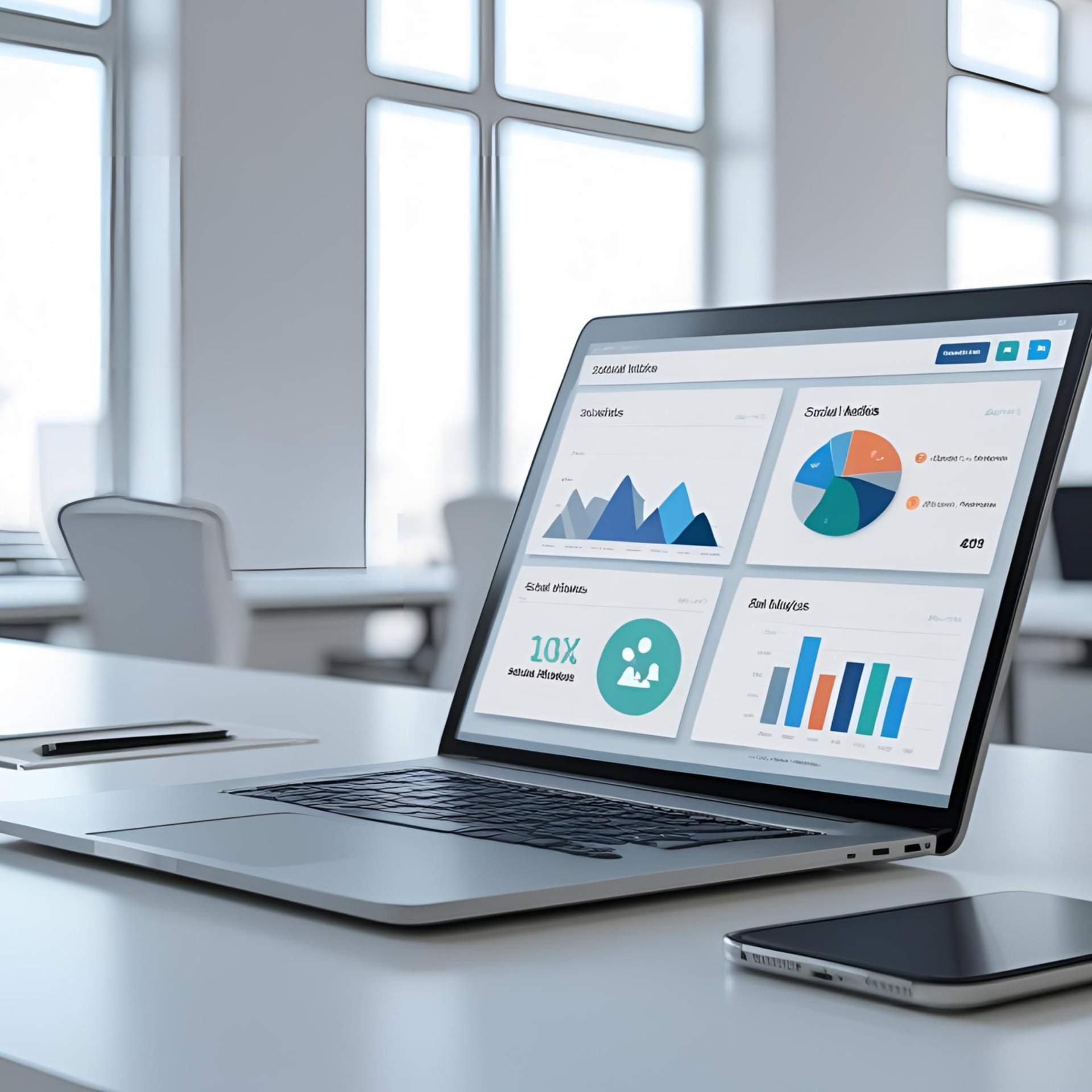 Laptop with analytics dashboard and charts on a modern office desk, with a smartphone beside it.