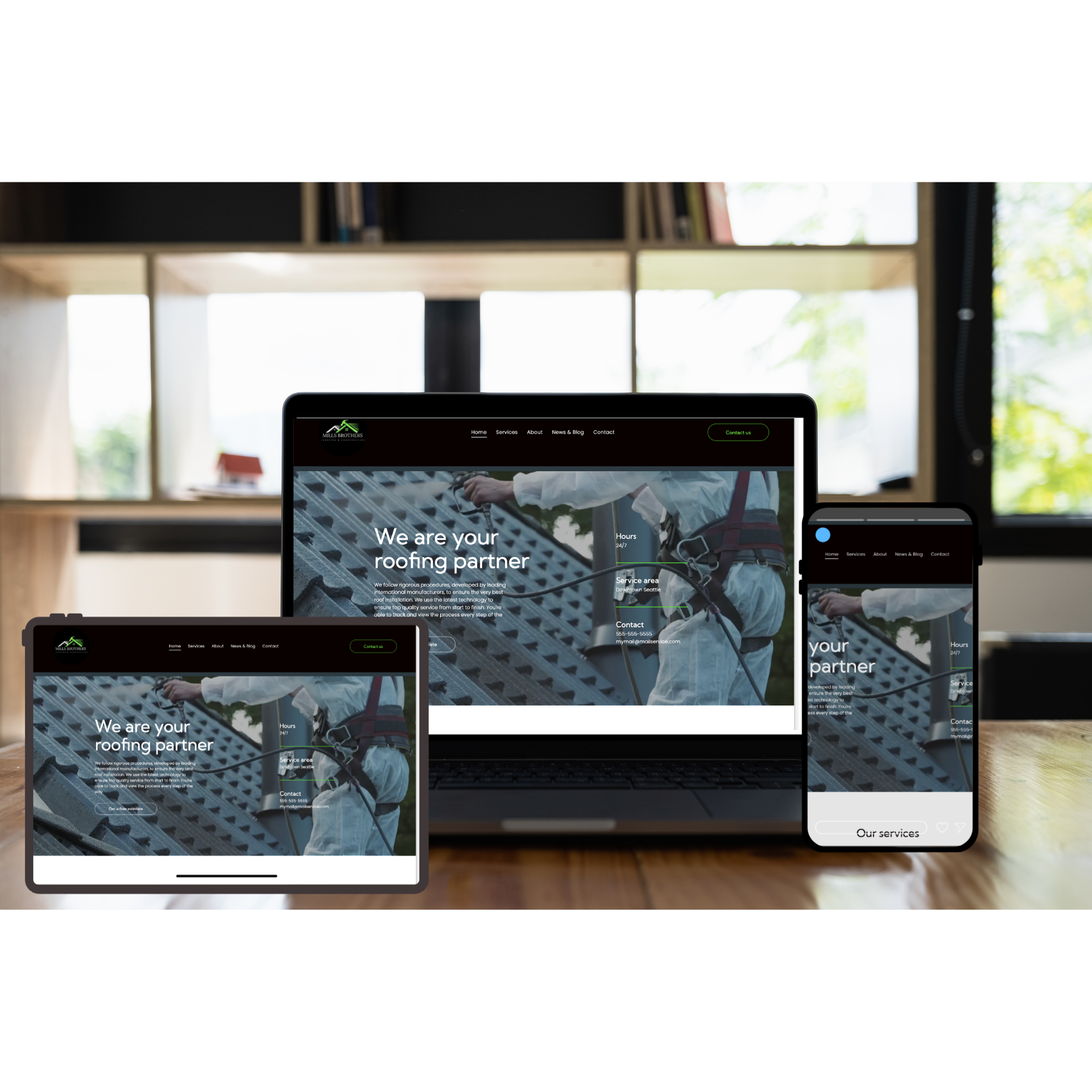 Responsive website displayed on laptop, tablet, and phone in a bright office setting