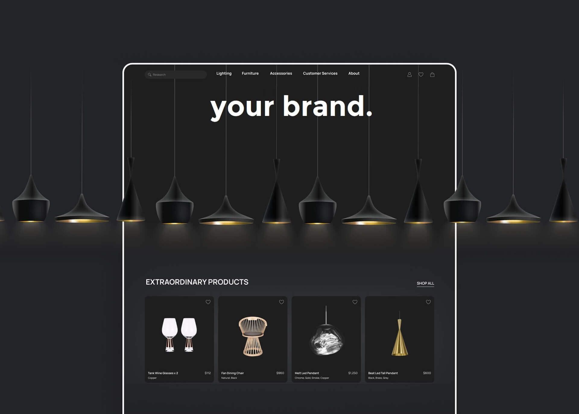 A computer screen mock up displaying a website design with 'your brand' so you can visualise your own brand there.