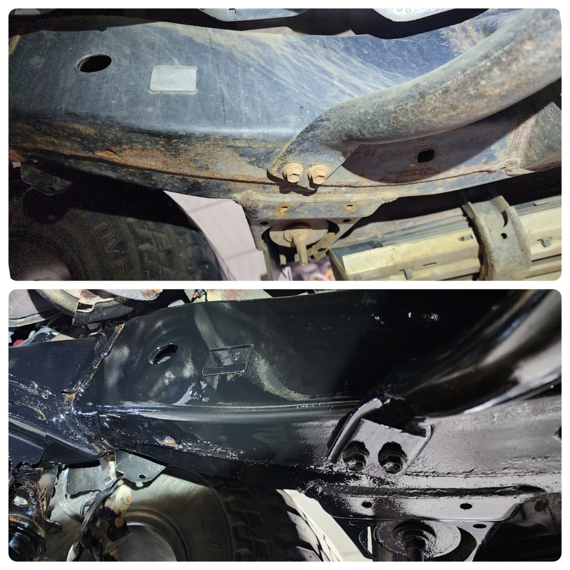 A before and after picture of a car frame