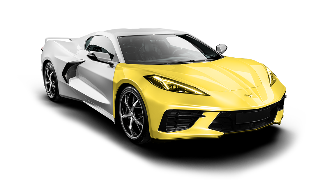 A yellow and white tesla model y is shown on a white background.