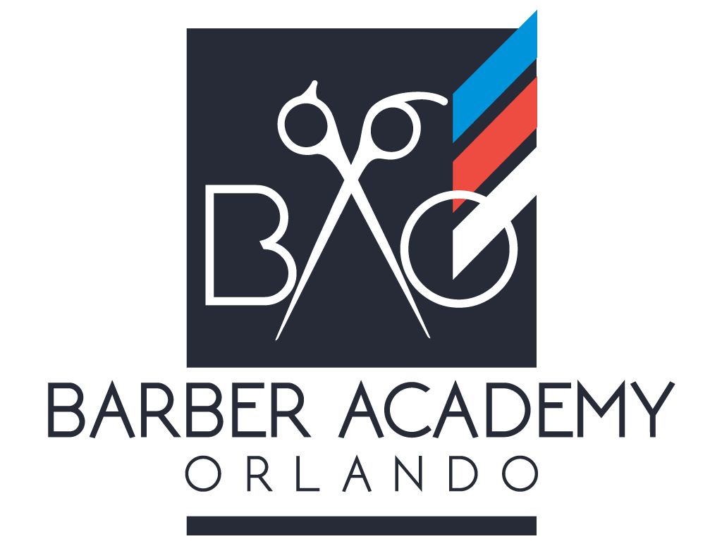 BARBER ACADEMY ORLANDO logo with scissors and red, blue, and black stripes