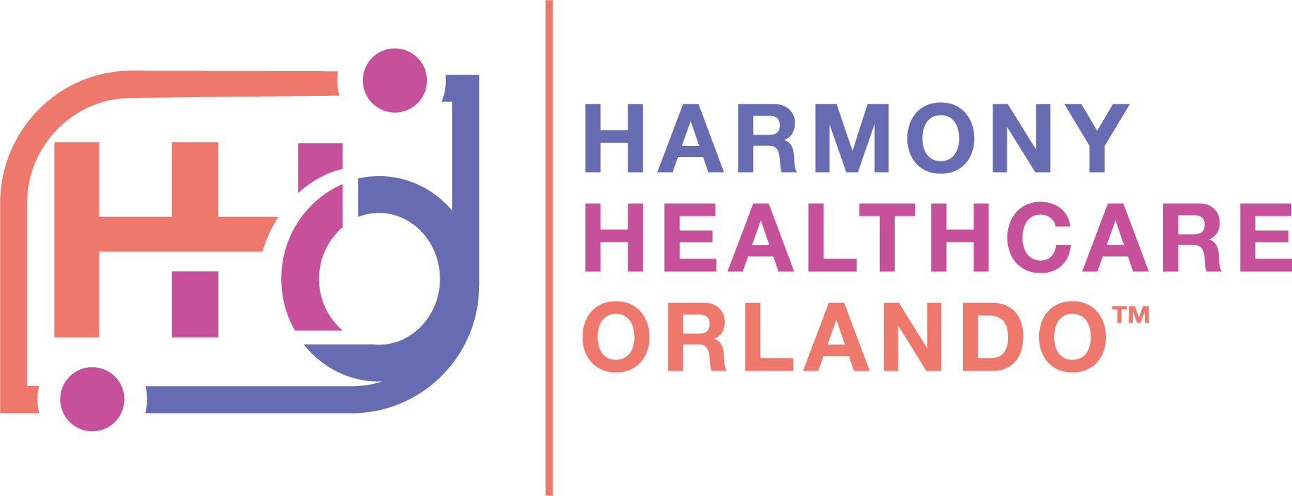 Harmony Healthcare Orlando logo in pink, purple, and orange with stylized H icon and text