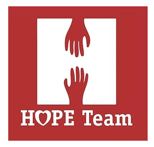 Red logo with two reaching hands above the words “HOPE Team”