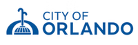 City of Orlando logo with blue text and a stylized fountain icon