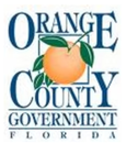 Orange County Government, Florida logo with an orange and green leaves in blue text