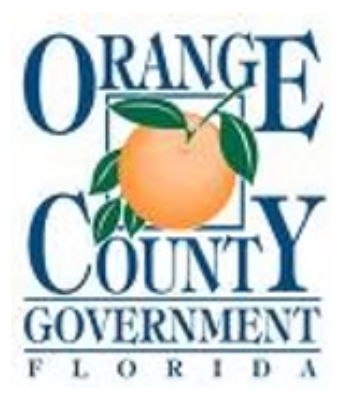 Orange County Government, Florida logo with an orange and green leaves in blue text