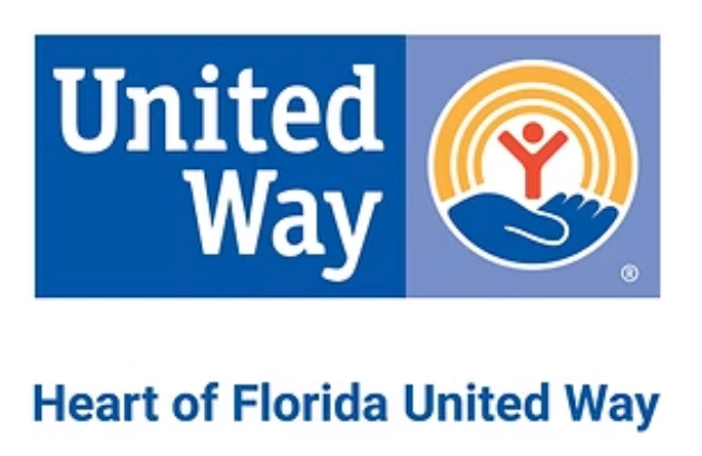 United Way logo with red figure in orange circle above blue hands; “Heart of Florida United Way” text below