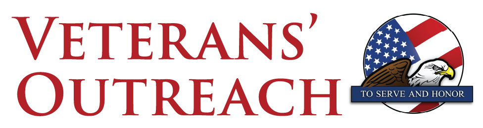 Veterans Outreach logo with red text and a patriotic circular American flag emblem