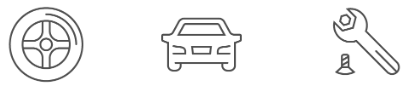 A car , a tire , and a wrench are shown on a white background.