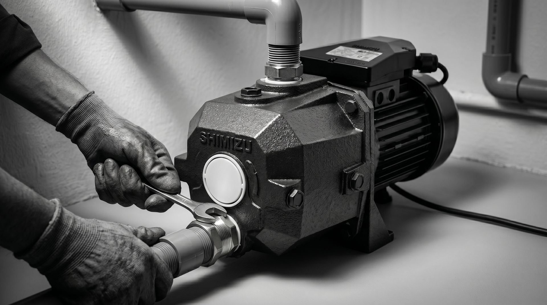 Gloved hands connect a pipe fitting to a pump motor in a gray industrial setting.