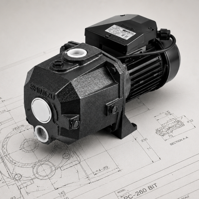 Black electric water pump with power cord on a light background