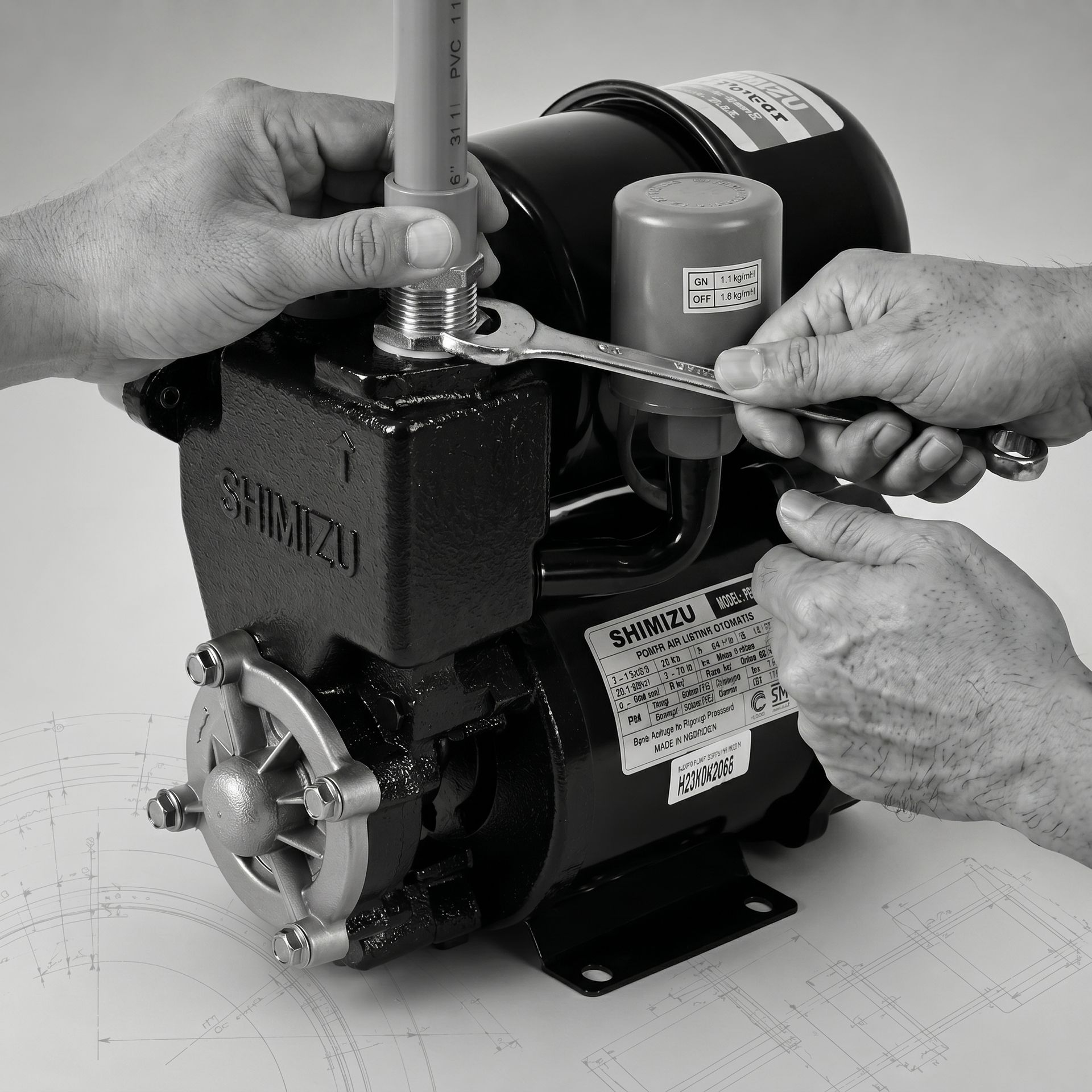 Hands tightening a wrench on a small black motor pump assembly in a workshop.