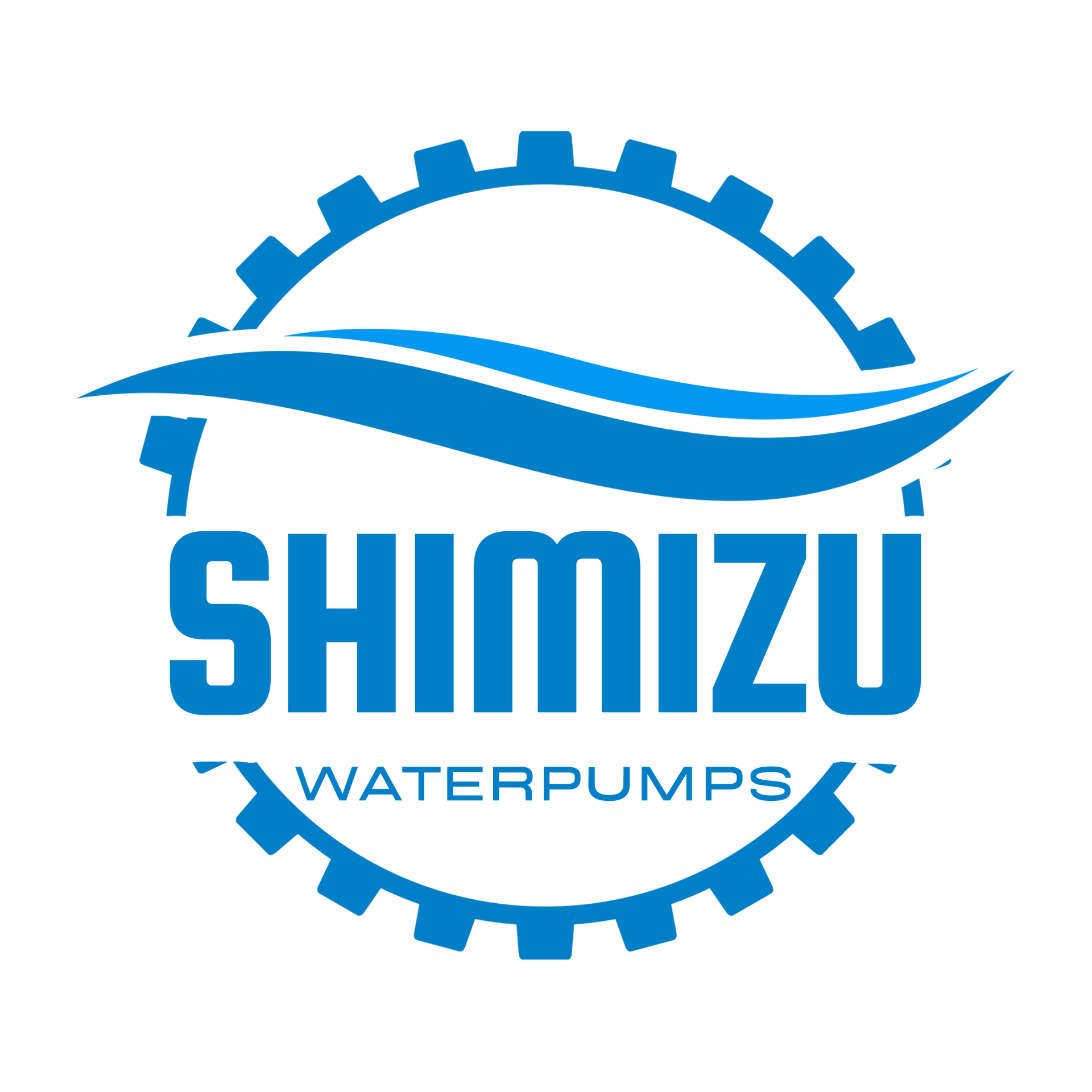 Blue Shimizu Waterpumps logo with gear outline and stylized wave above the company name