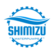 Blue Shimizu Waterpumps logo with gear outline and stylized wave above the company name