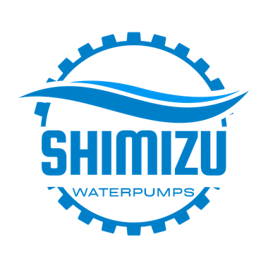 Blue Shimizu Waterpumps logo with gear outline and stylized wave above the company name