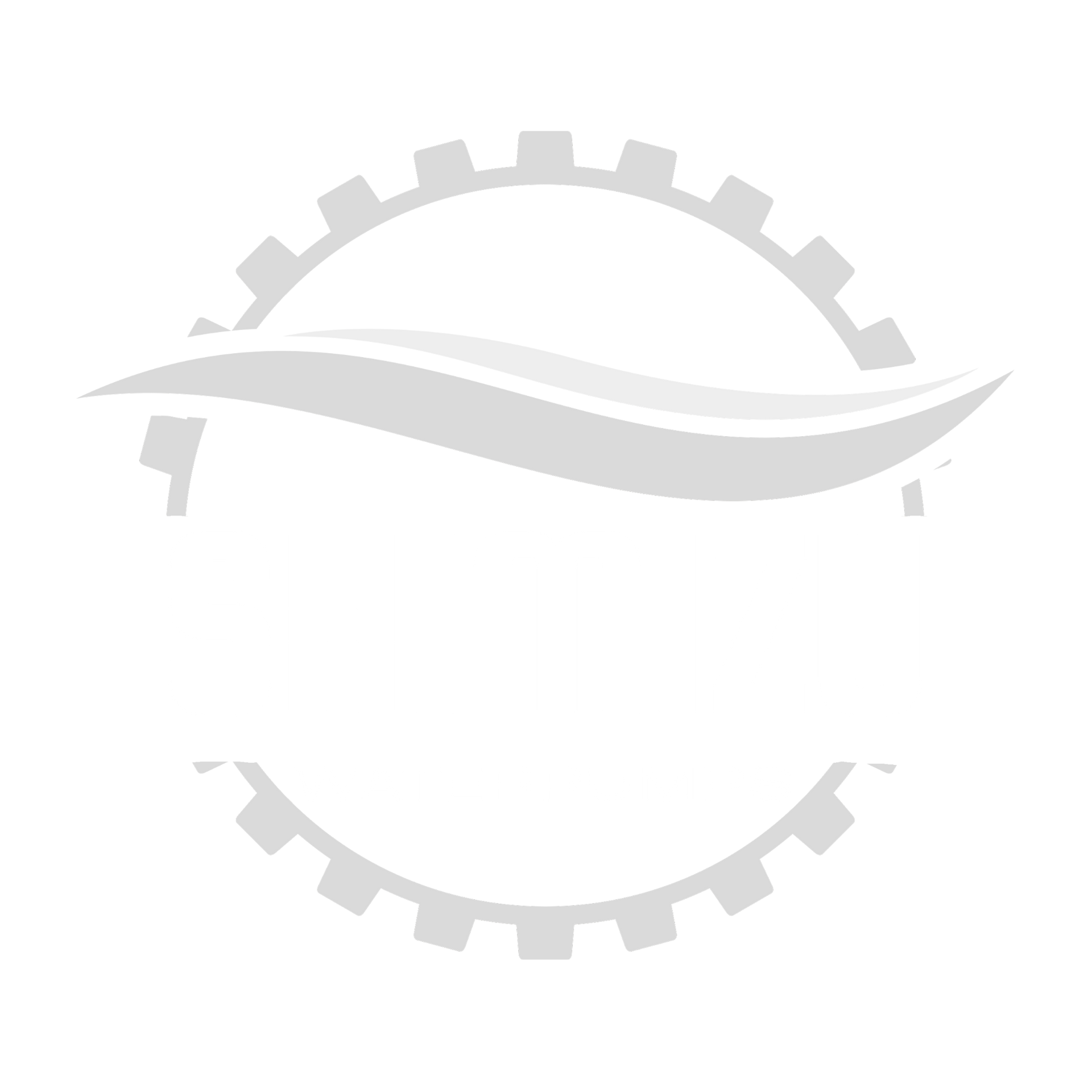 Light gray gear logo with a flowing wave across the center on a white background
