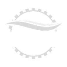Light gray gear logo with a flowing wave across the center on a white background