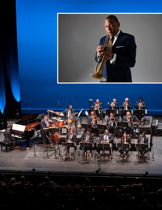 Collage of Wynton Marsalis holding a trumpet in one photo and the Jazz at Lincoln Center Orchestra performing in the other photo.