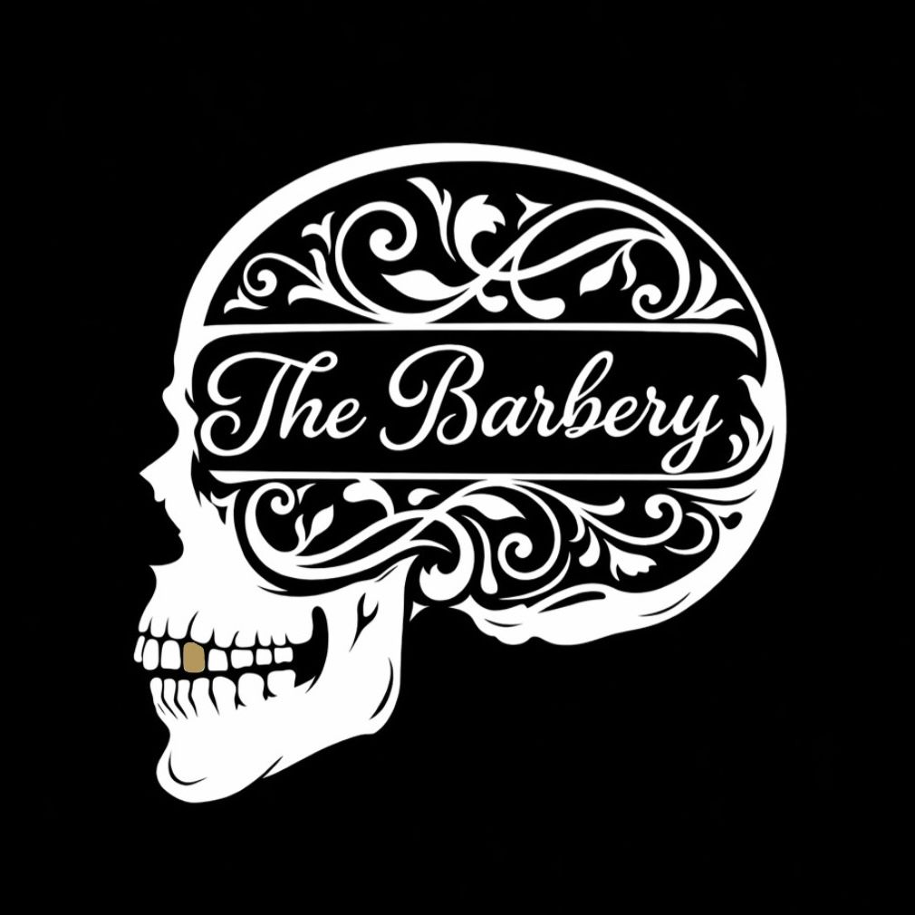 White skull logo with ornate floral accents and