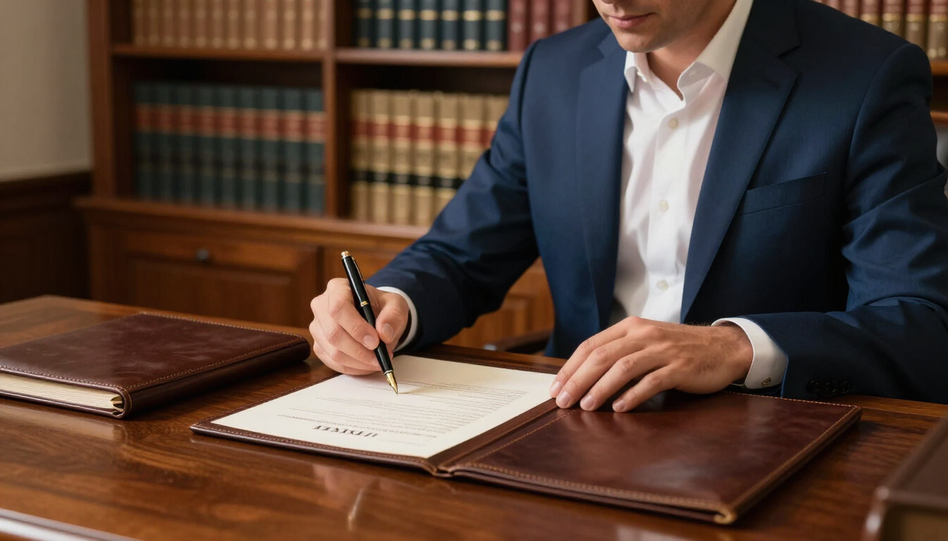 Person in a blue suit signs a document at a wooden desk in a law library.