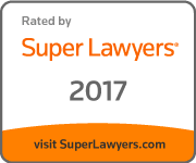 Super Lawyers 2017 award badge with orange and white text and border. Includes
