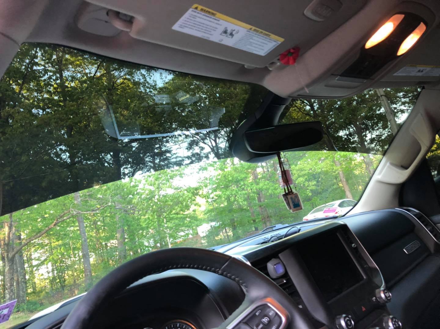 Interior of a car with sun visor down, trees visible through the windshield. Black 