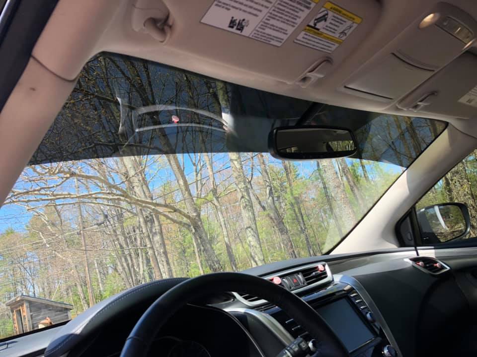 Interior car view with tinted windshield, trees visible outside. Steering wheel and dashboard in focus.