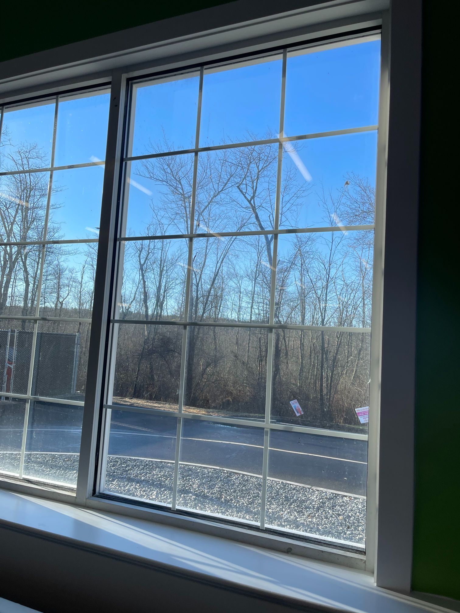 Window with white grid, overlooking a road and bare trees against a blue sky.