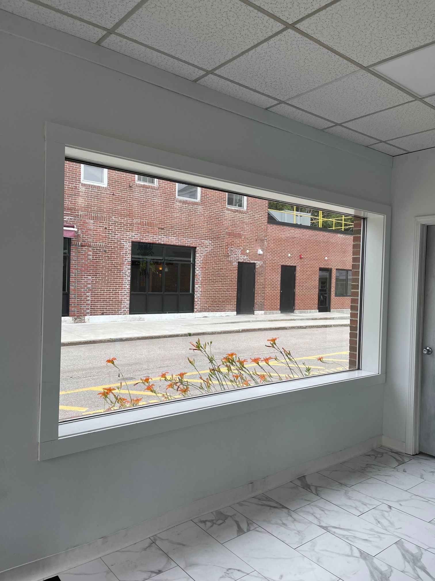View through a white-framed window onto a street with a brick building and a few orange flowers.