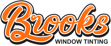 Logo for Brooks Window Tinting, with orange cursive text and a black outline.