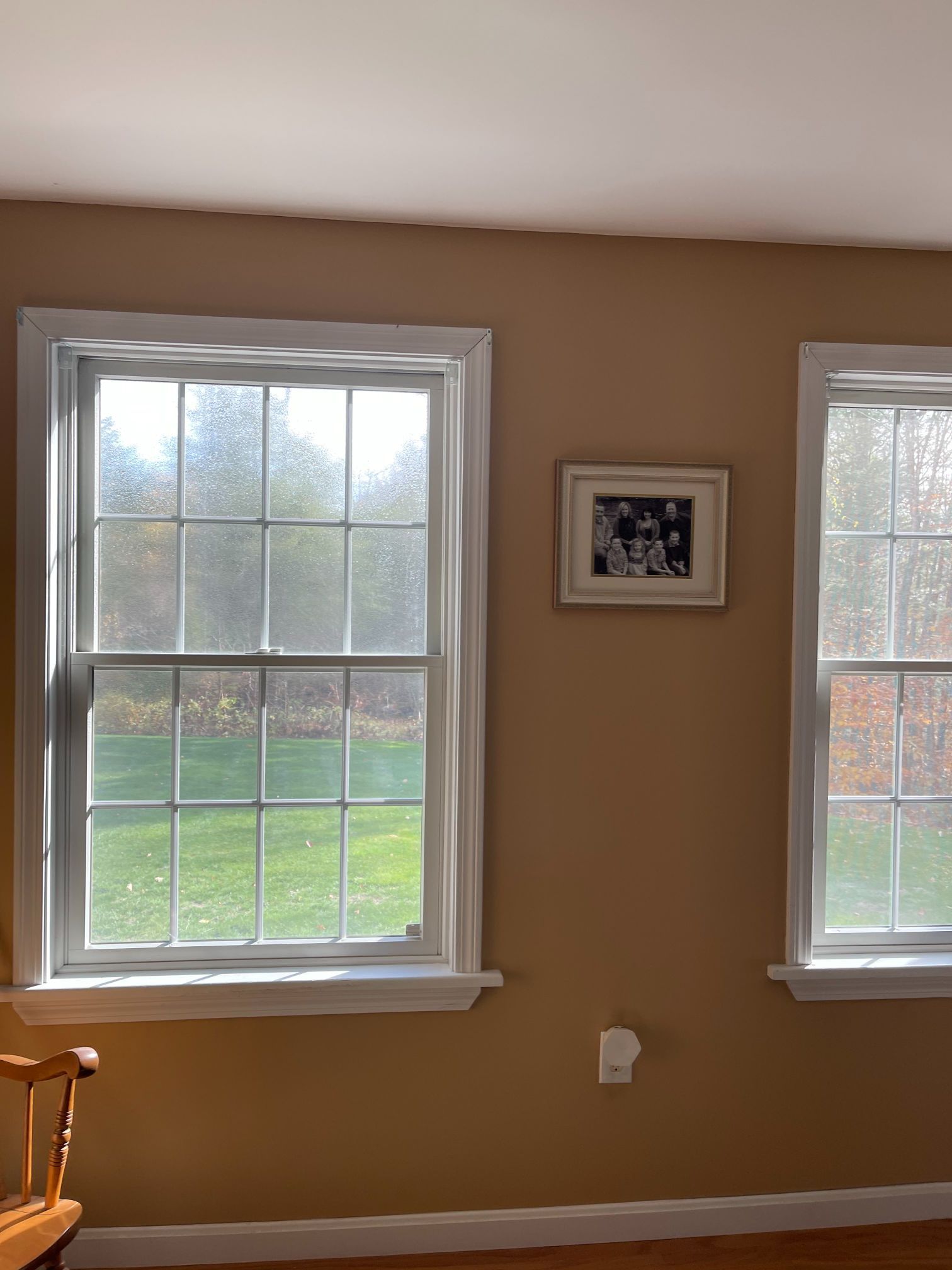 Two white-framed windows on tan wall, with a photo between them. A grassy yard is visible outside.