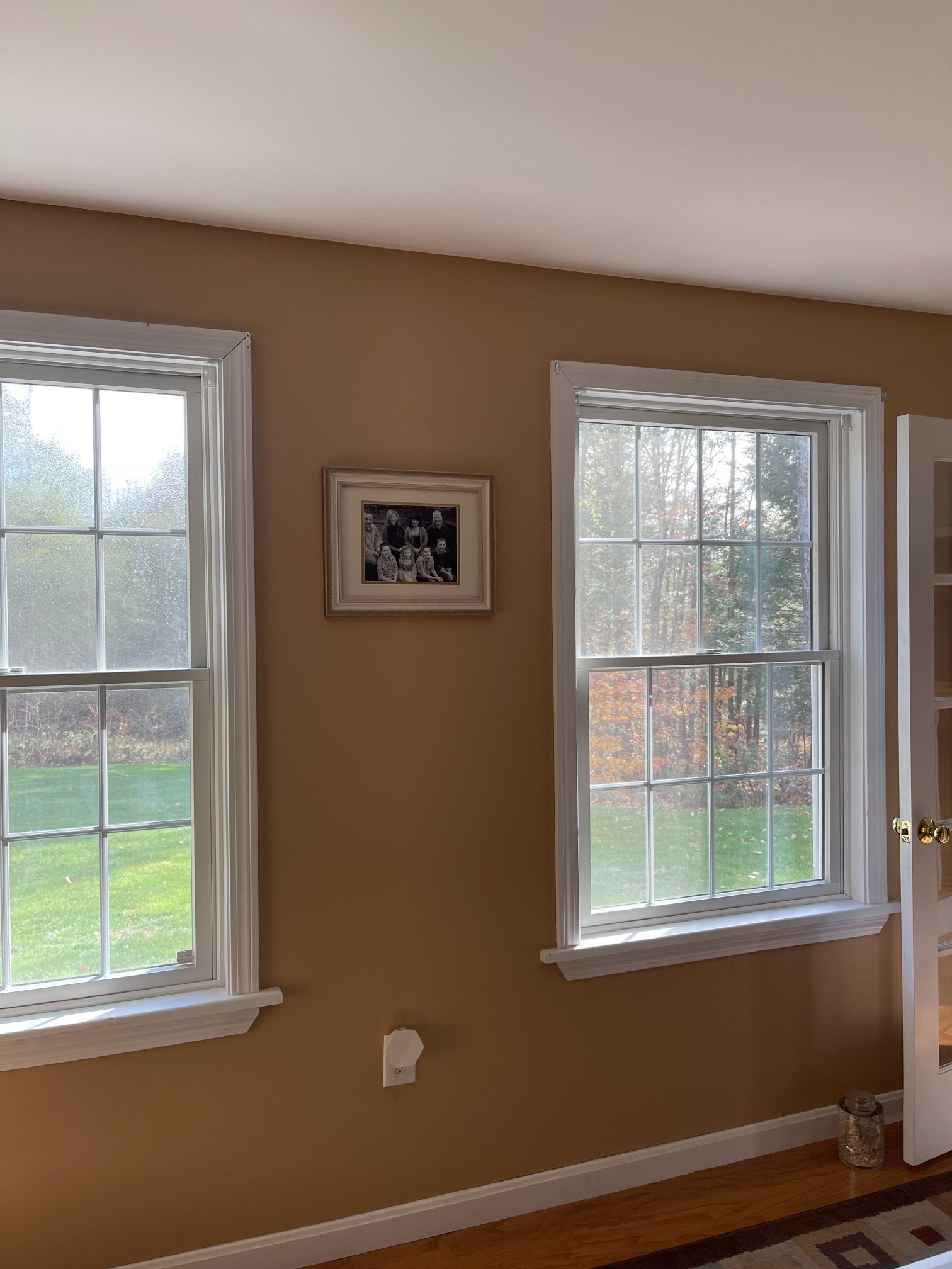 Two white-framed windows on a tan wall, small framed picture in between, bright sunlight.