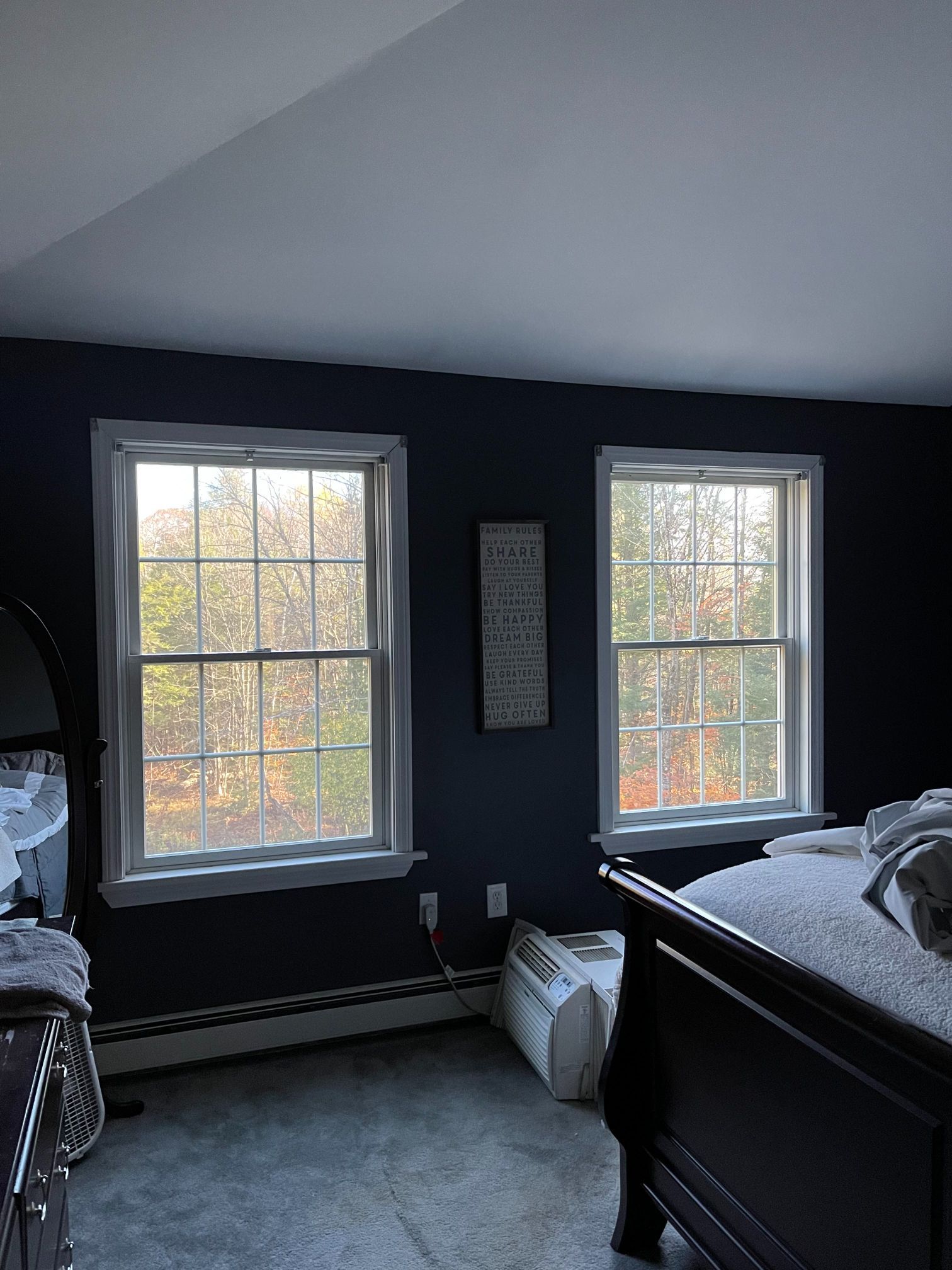 Bedroom with two windows, dark blue walls, white trim, and a bed.