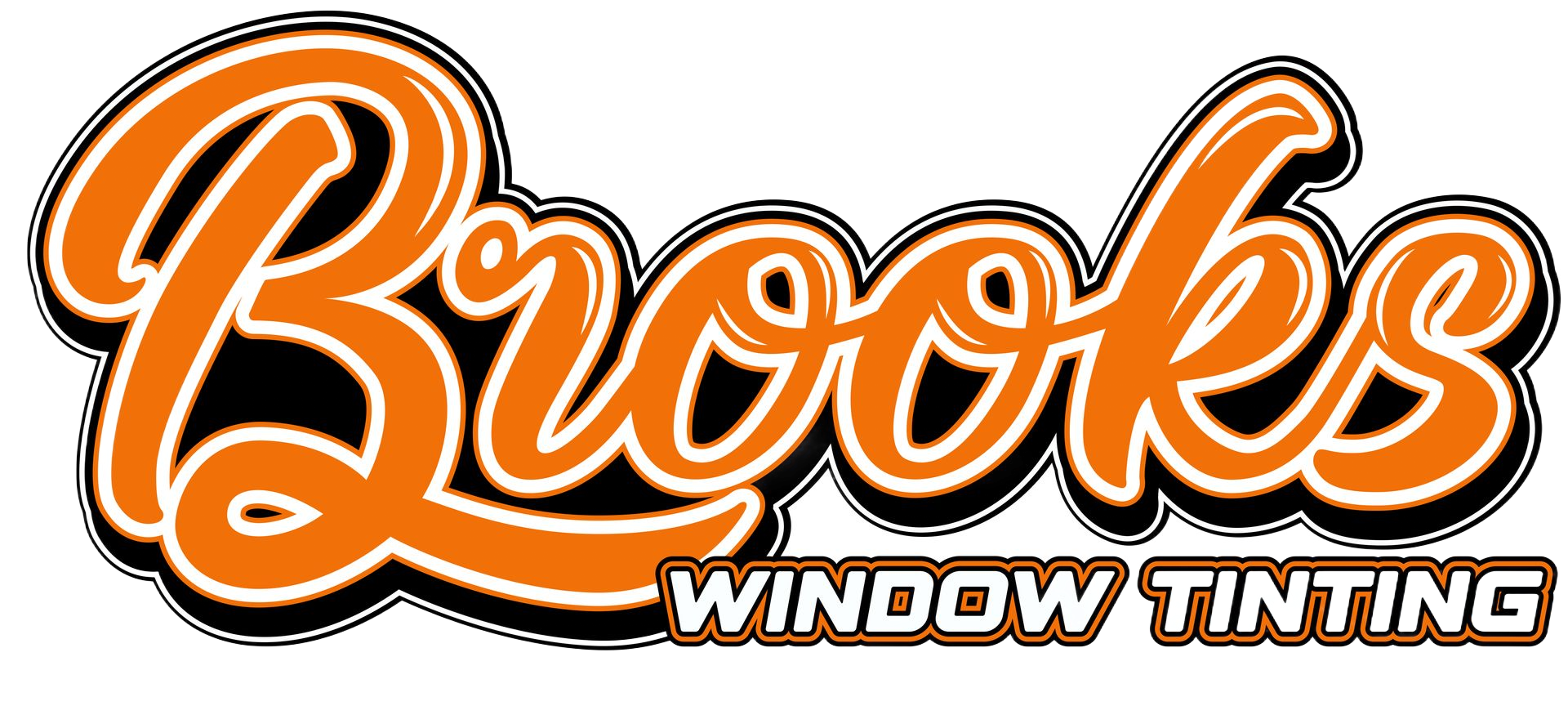 Brooks Window Tinting logo, orange cursive font with black outline, on a white background.