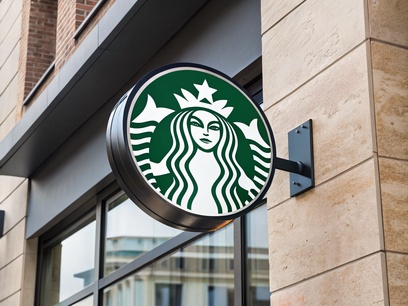 Starbucks logo sign, green and white emblem, on building exterior.