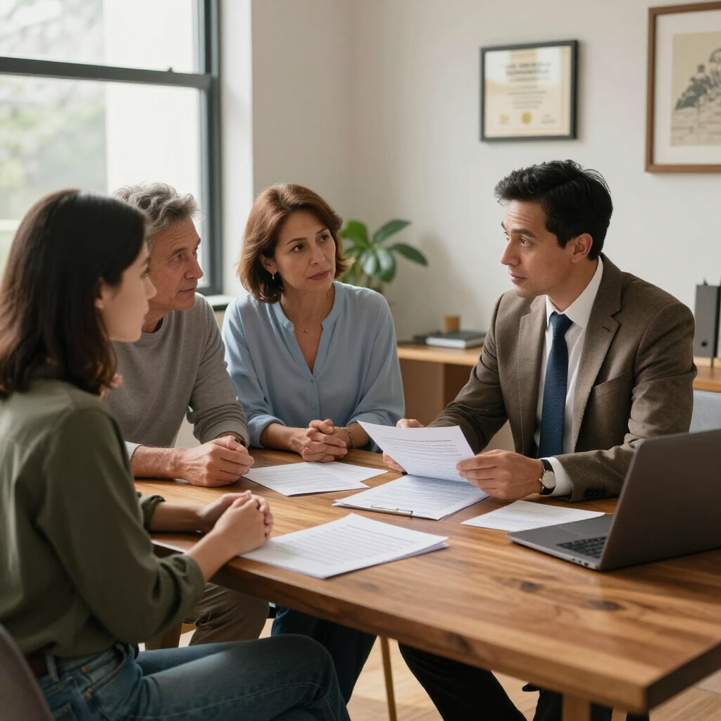 Four coworkers in a meeting reviewing papers around a wooden table with a laptop in a bright office