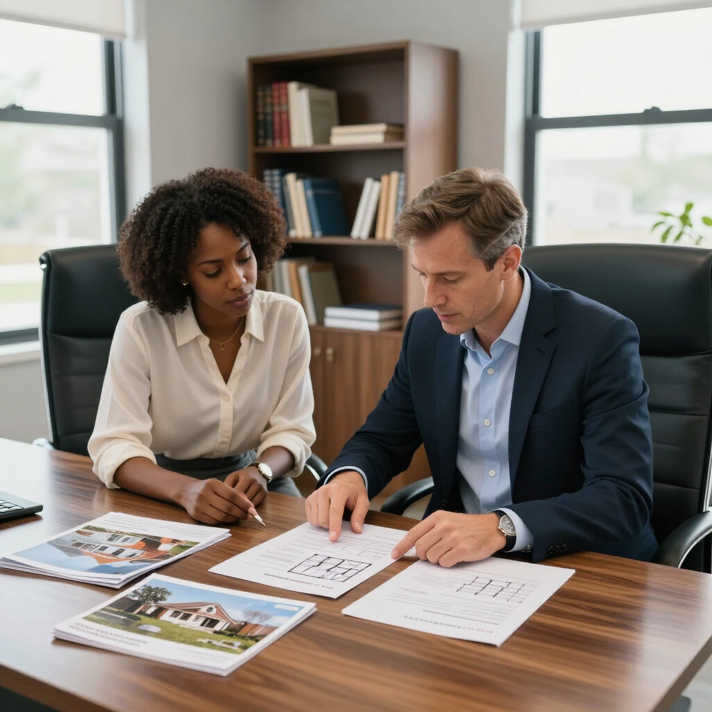 Two colleagues review documents at a conference table in a bright office